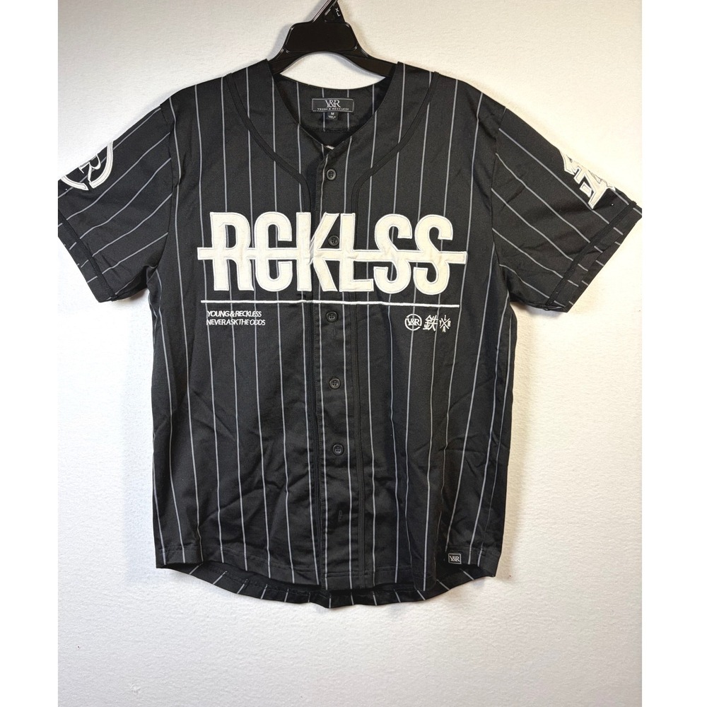 Young & Reckless Baseball Jersey Mens Medium Black Excellent Pinstripe Shirt